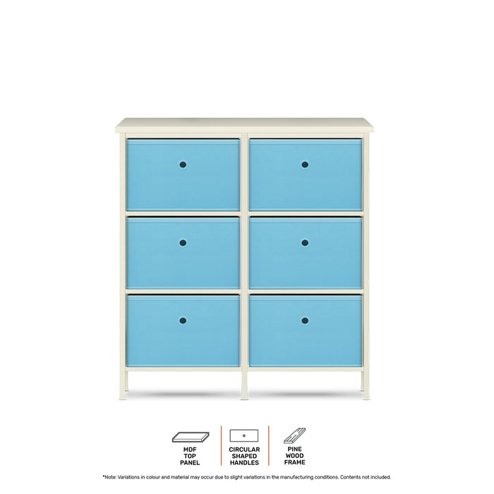 Home Master 6 Drawer Pine Wood Storage Chest Sky Blue Fabric Baskets 70 x 80cm