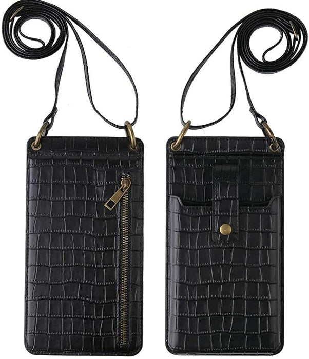 Unique large PU Leather Crossbody Cell Phone holder bag for Women Wallet Purse with mirror inside many card pockets BLACK