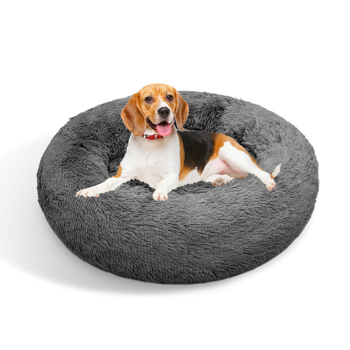 Dog Pet Cat Calming Bed Warm Plush Round Nest Comfy Sleeping Bed Dark Grey 70cm