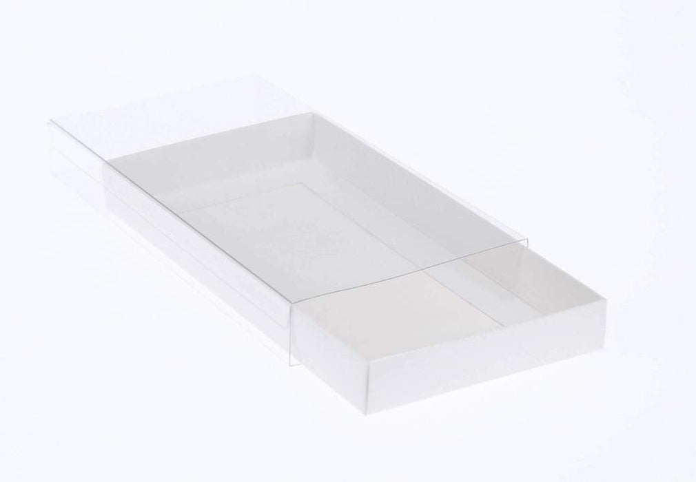 10 Pack of White Card Box - Clear Slide On Lid - 30 x 20 x 8cm -  Large Beauty Product Gift Giving Hamper Tray Merch Fashion Cake Sweets Xmas