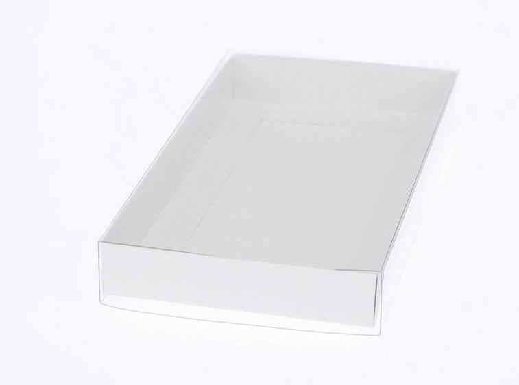 10 Pack of White Card Box - Clear Slide On Lid - 30 x 20 x 8cm -  Large Beauty Product Gift Giving Hamper Tray Merch Fashion Cake Sweets Xmas