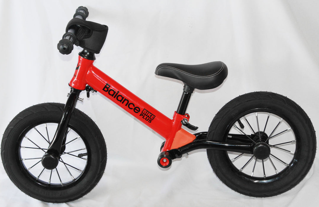 Bike Plus Kids Balance Bike Training Aluminium - Red with Suspension - 12" Rubber Tyres - Foot Pegs -Ride On No Pedal Push