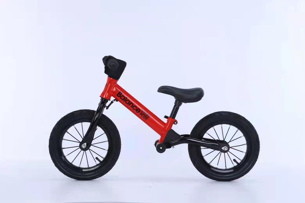 Bike Plus Kids Balance Bike Training Aluminium - Red with Suspension - 12" Rubber Tyres - Foot Pegs -Ride On No Pedal Push