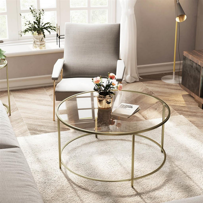 VASAGLE Round Glass Top Coffee Table with Metal Frame