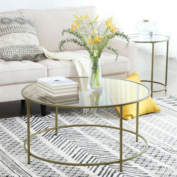 VASAGLE Round Glass Top Coffee Table with Metal Frame