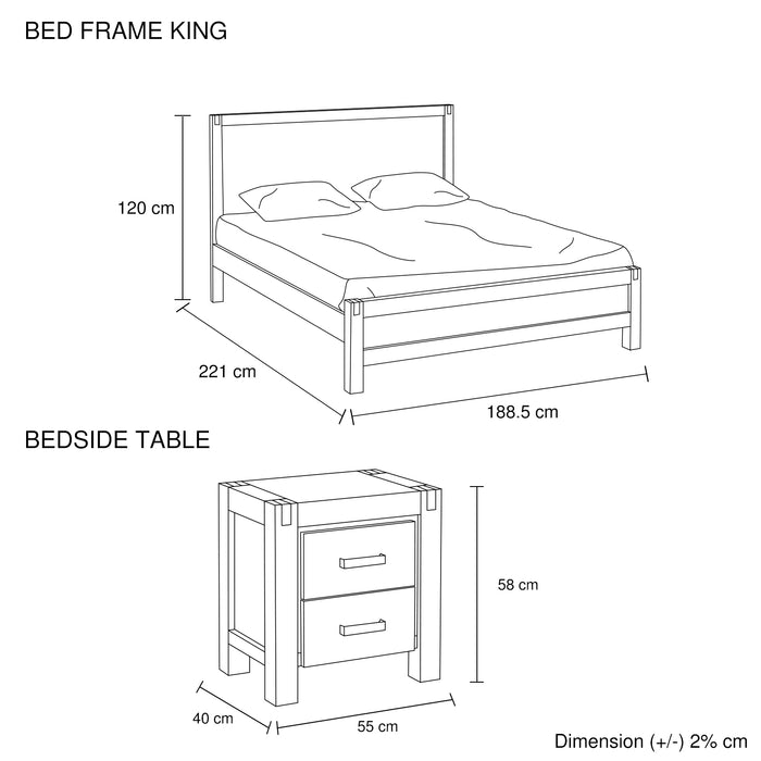 3 Pieces Bedroom Suite in Solid Wood Veneered Acacia Construction Timber Slat King Size Oak Colour Bed, Bedside Table