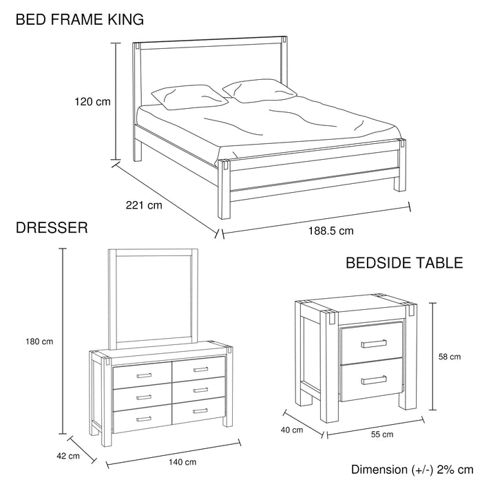 4 Pieces Bedroom Suite in Solid Wood Veneered Acacia Construction Timber Slat King Size Oak Colour Bed, Bedside Table & Dresser