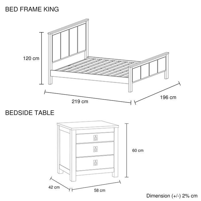 3 Pieces Bedroom Suite with Solid Acacia Wood Veneered Construction in King Size White Ash Colour Bed, Bedside Table