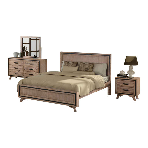 4 Pieces Bedroom Suite King Size Silver Brush in Acacia Wood Construction Bed, Bedside Table & Dresser