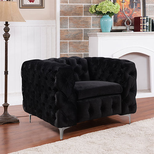 Single Seater Black Sofa Classic Armchair Button Tufted in Velvet Fabric with Metal Legs