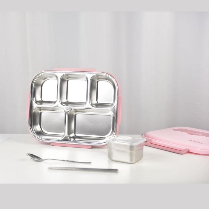 Kylin 304 Stainless Steel 5 Divided Smile Large Lunch Box With Soup Pot - Pink