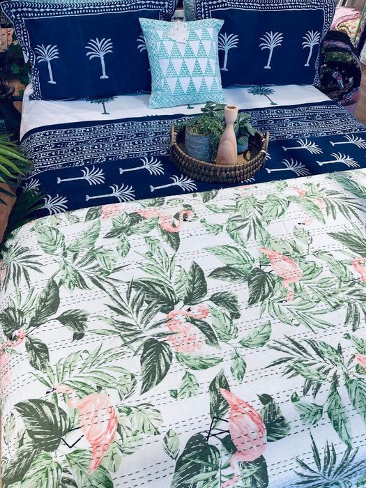 Cotton Kantha Quilt/Bedspread/Coverlet/Throw - Tropical Flamingo and leaves Hand stitched Kantha