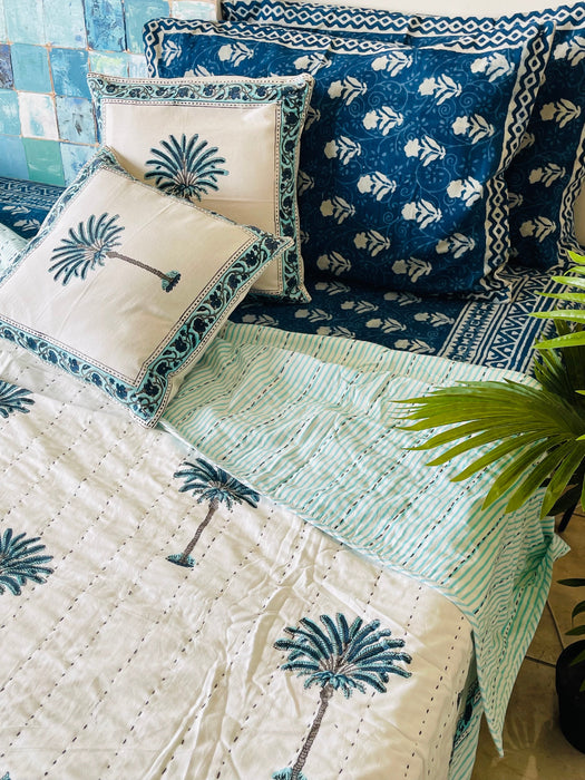 Cotton Kantha summer quilt/ Bedspread/ Coverlet/Throw/Blanket - Fresh Blue Palm Tree Hand block printed Kantha Quilt