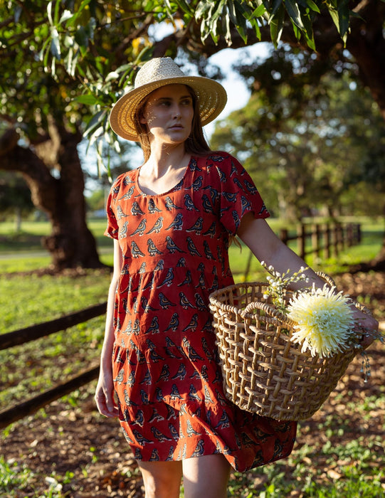 Cotton Dress - Inayat Red Bird print short layered Dress (Hand block print)