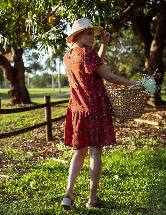 Cotton Dress - Inayat Red Bird print short layered Dress (Hand block print)