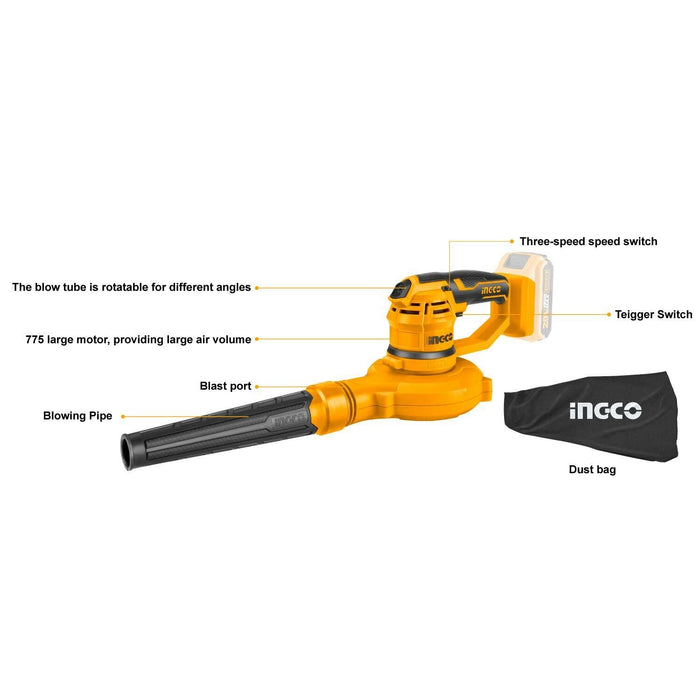 INGCO Air Leaf Blower 20V Vacuum Dust Cleaner Cordless Heavy Duty 17000R/min