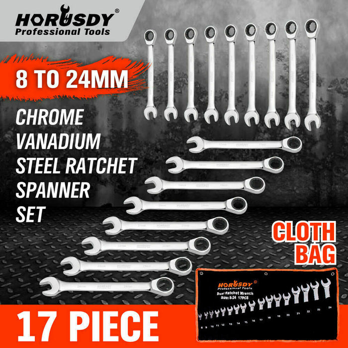 17Pc Ratchet Spanner Set Metric Combination Wrenches Open End Ring CR-V 8-24mm