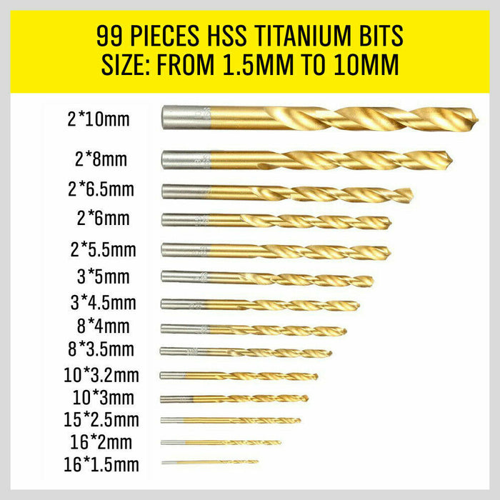 99Pc Drills Set HSS Titanium Coated Wood Plastic Metal Metric 1.5-10mm With Case