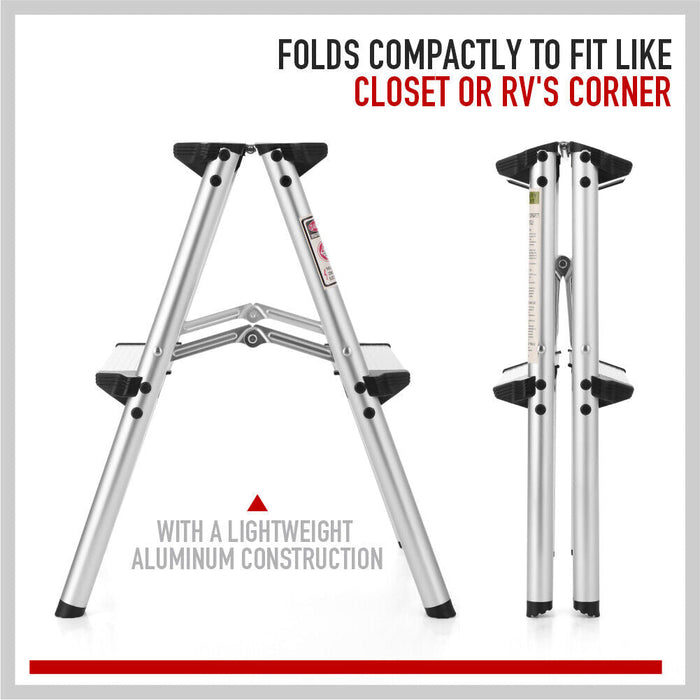 2-Step Portable Folding Ladder, Aluminum Frame Lightweight Home Ladder with Anti Slip Design, 150KG Capacity