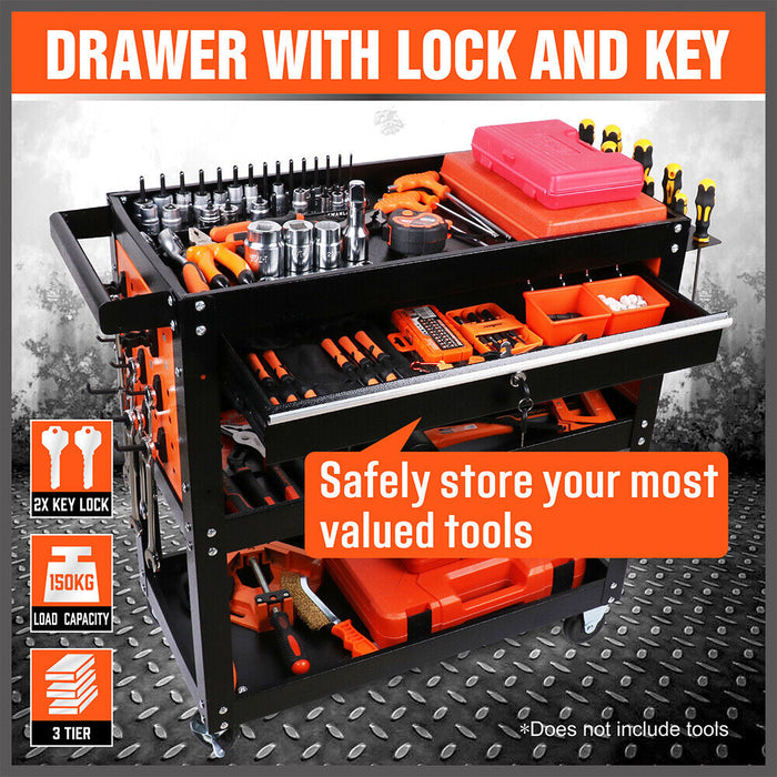 Single Drawer Tool Storage Trolley- Workshop Cart Chest Cabinet with Pegboard Hooks and Lockable Wheels