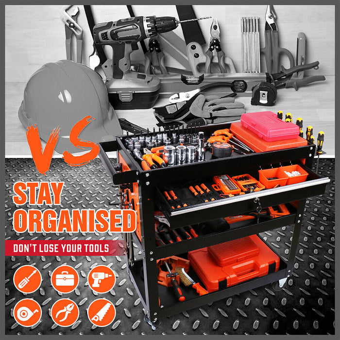 Single Drawer Tool Storage Trolley- Workshop Cart Chest Cabinet with Pegboard Hooks and Lockable Wheels