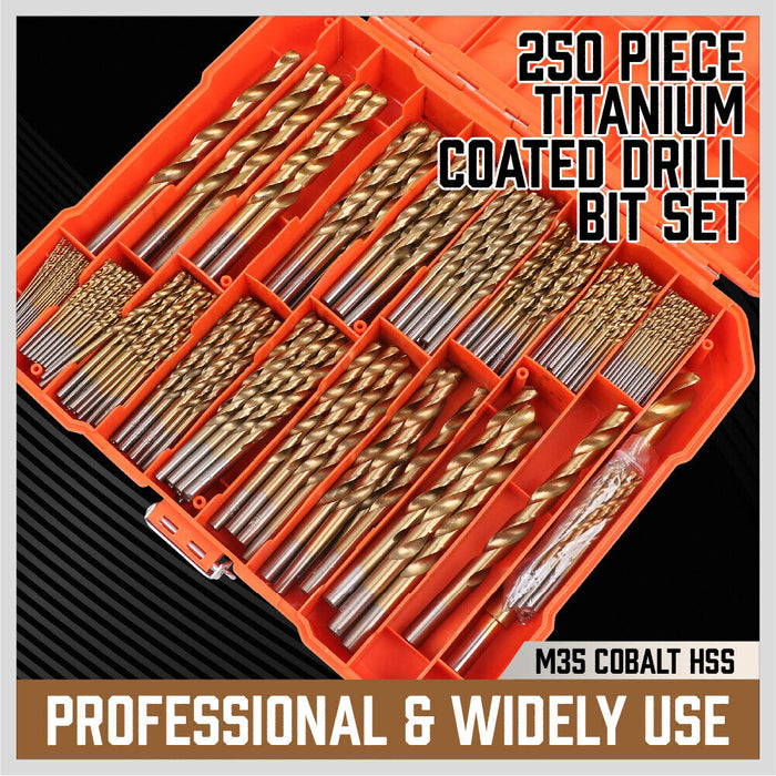 250x Twist Drill Bits Set Titanium Coated HSS for Metal Steel Wood Plastic Alloy