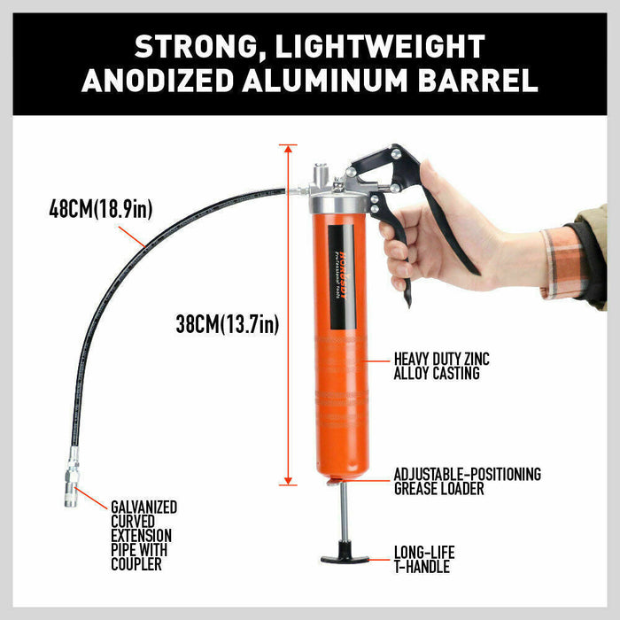 18'' Manual Pistol Grip Grease Gun Flow Pressure 4500PSI Flexi Hose & Coupler