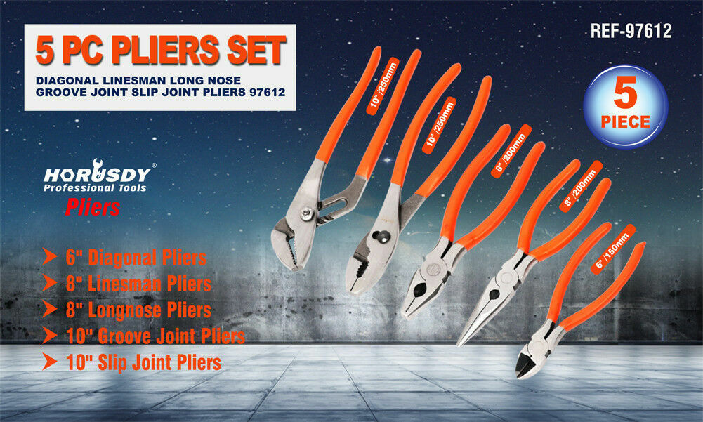 5Pc Pliers Set Diagonal Linesman Long Nose Groove Joint Slip Joint Pliers