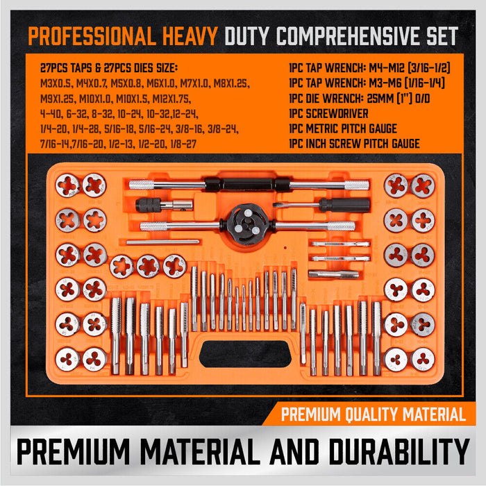 60Pc Tap And Die Set Metric Imperial Screw Screwdriver Thread Drill Pitch Gauge