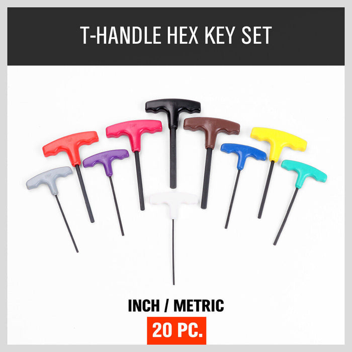 20Pc T-Handle Hex Key Set Allen Wrench Metric & Imperial / SAE Colour With Stand