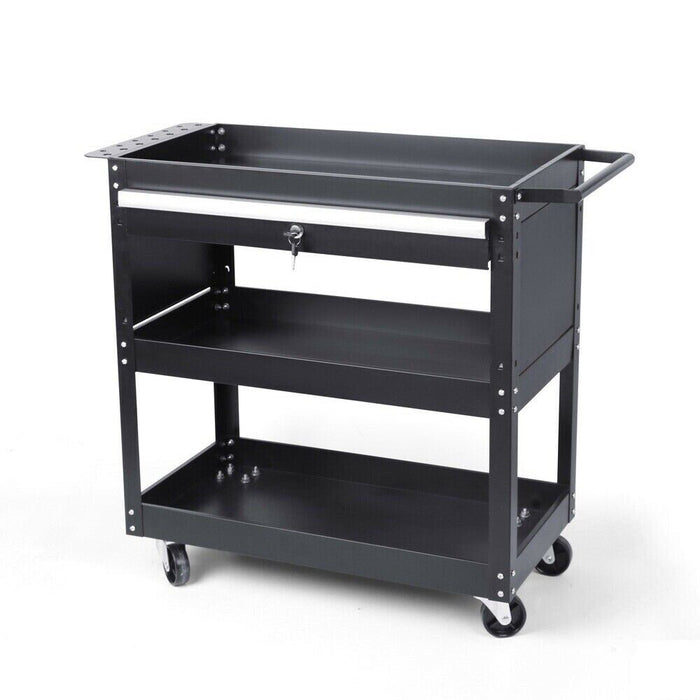 3-Tier Tool Cart Storage Trolley Lock Drawer Parts Cabinet Organizer Heavy Duty Black