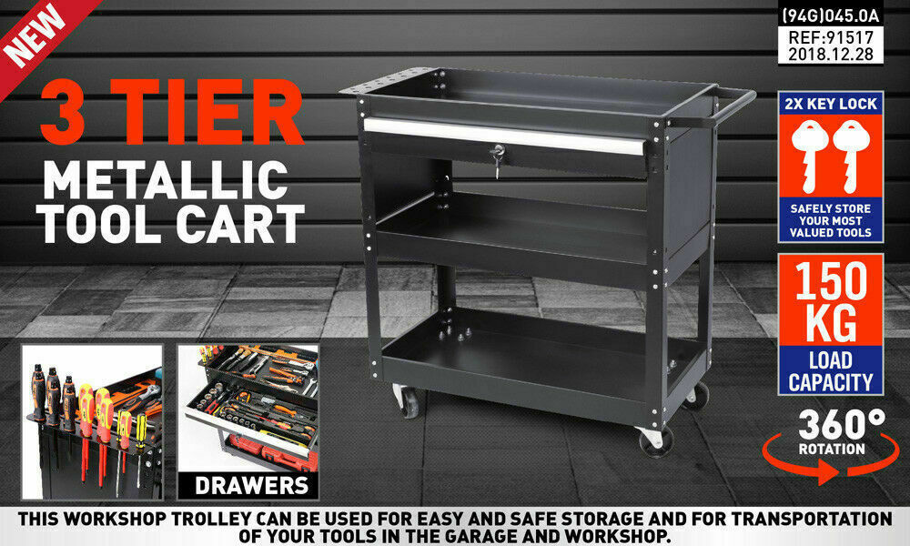 3-Tier Tool Cart Storage Trolley Lock Drawer Parts Cabinet Organizer Heavy Duty Black