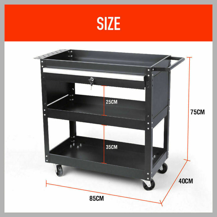 3-Tier Tool Cart Storage Trolley Lock Drawer Parts Cabinet Organizer Heavy Duty Black