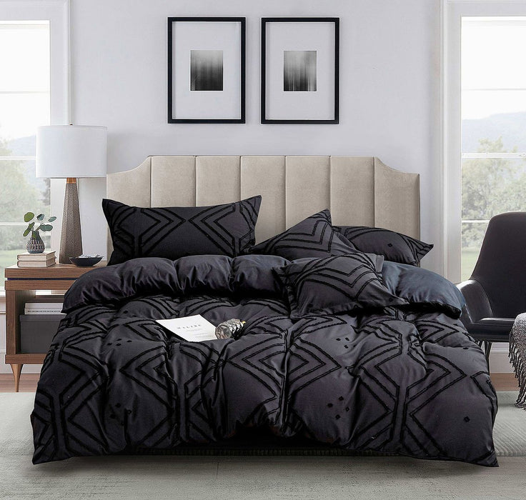 Tufted Textured Jacquard King Size Black Duvet Doona Quilt Cover Set