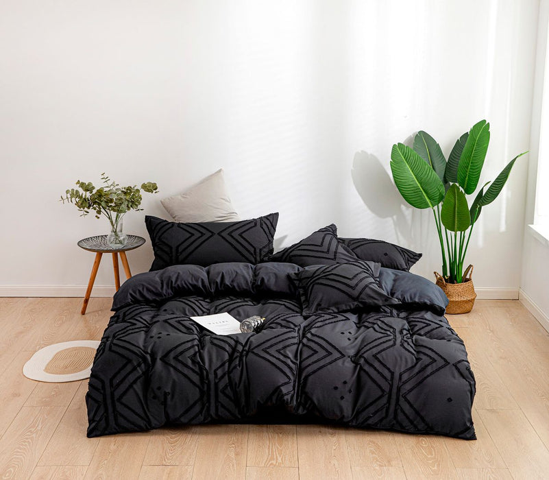 Tufted Textured Jacquard Queen Size Black Duvet Doona Quilt Cover Set