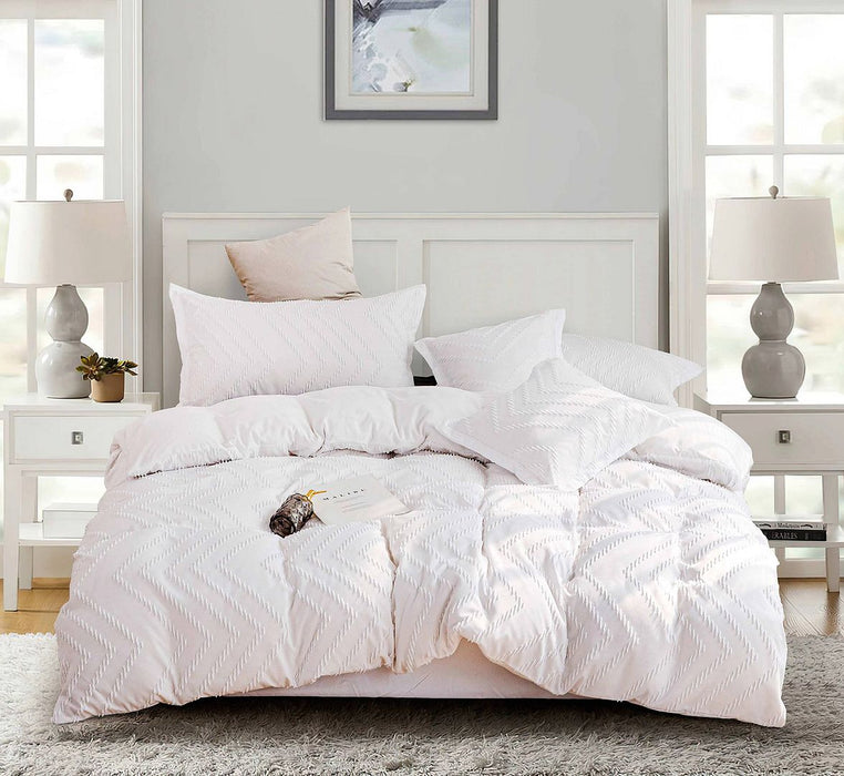 Tufted Boho Wave Jacquard Super King Size White Duvet Doona Quilt Cover Set