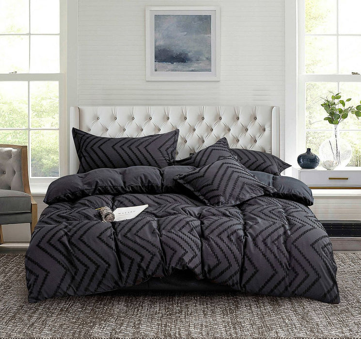 Tufted Boho Wave Jacquard Queen Size Black Duvet Doona Quilt Cover Set