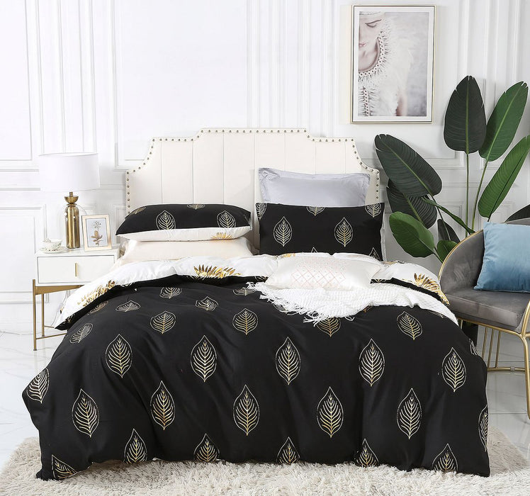 Reversible Design King Size Black Gold Duvet Doona Quilt Cover Set