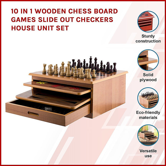 10 in 1 Wooden Chess Board Games Slide Out Checkers House Unit Set