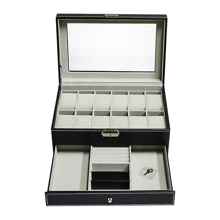 12 Grids Watch Display Case Leather jewellery Storage Box Organiser Lock Key