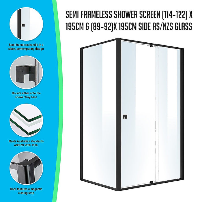 Semi Frameless Shower Screen (114~122)x 195cm & (89~92)x 195cm Side AS/NZS Glass