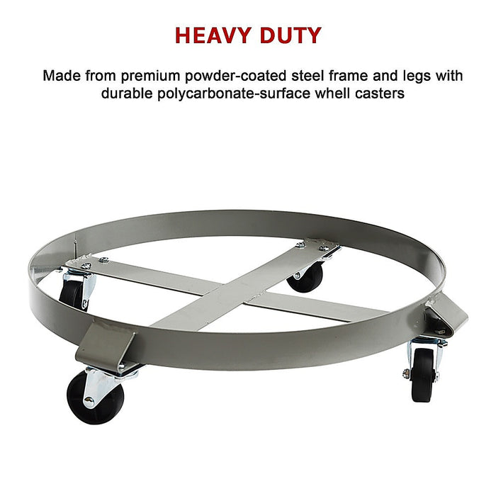 Drum Dolly 450kg 55 Gallon w Swivel Casters Heavy Duty Steel Frame Non Tipping