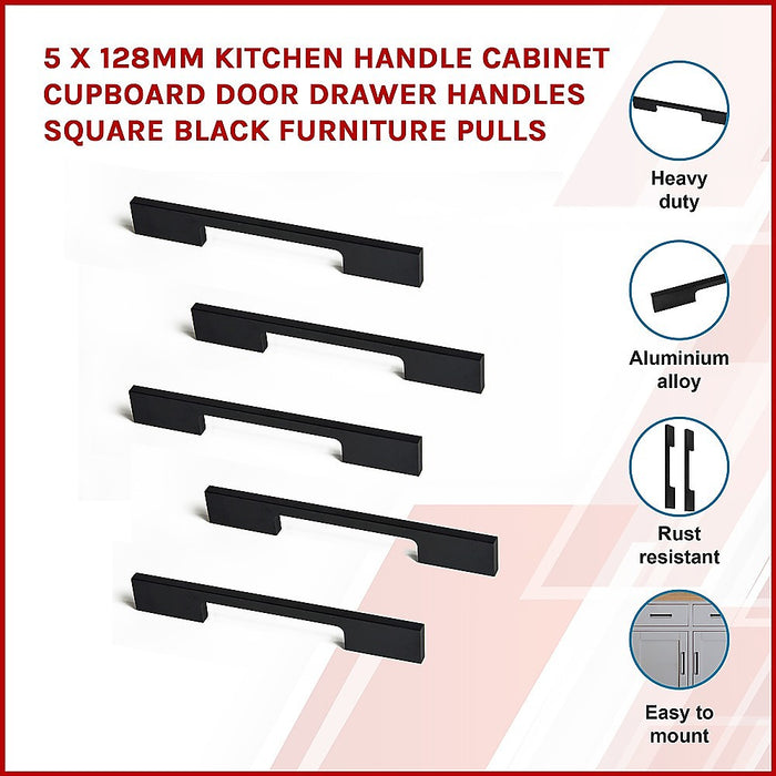 5 x 128mm Kitchen Handle Cabinet Cupboard Door Drawer Handles square Black furniture pulls