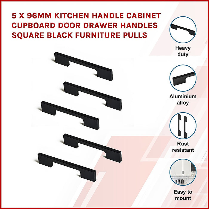 5 x 96mm Kitchen Handle Cabinet Cupboard Door Drawer Handles square Black furniture pulls