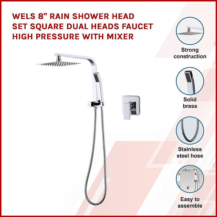 WELS 8" Rain Shower Head Set Square Dual Heads Faucet High Pressure With Mixer