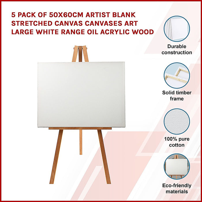 5 pack of 50x60cm Artist Blank Stretched Canvas Canvases Art Large White Range Oil Acrylic Wood