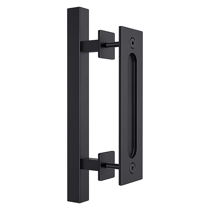 12" Square Pull and Flush Door Handle Set Black Barn Door Hardware