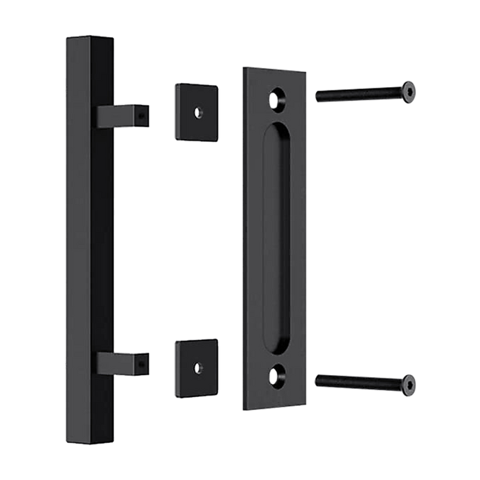 12" Square Pull and Flush Door Handle Set Black Barn Door Hardware