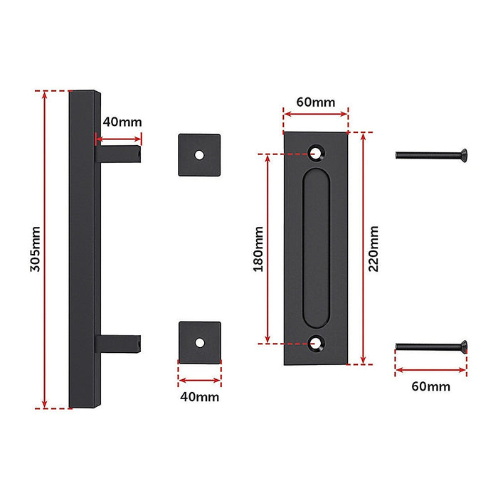 12" Square Pull and Flush Door Handle Set Black Barn Door Hardware