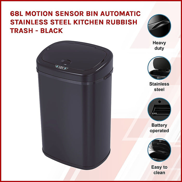 68L Motion Sensor Bin Automatic Stainless Steel Kitchen Rubbish Trash - Black